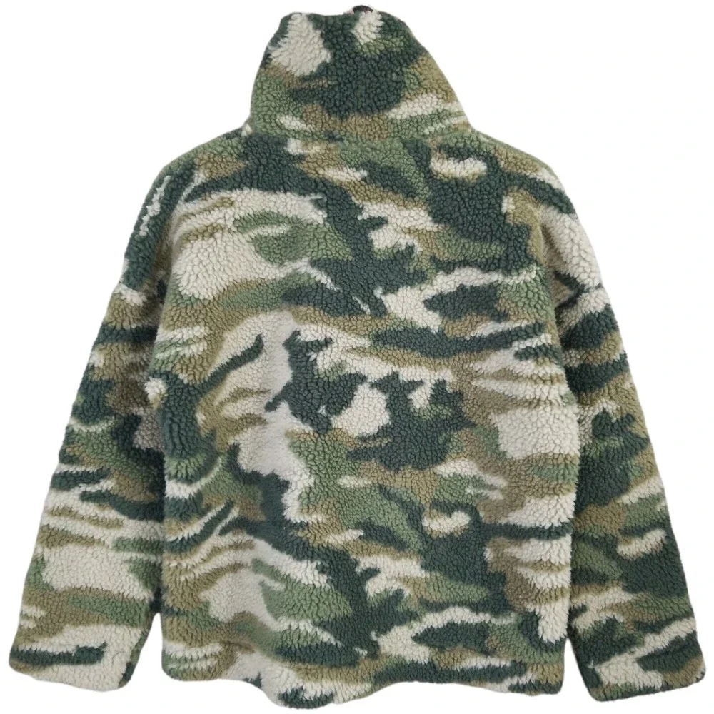 J.CREW Teddy Sherpa Fleece Camo Pullover Jacket Neon Coral Snap Collar Small